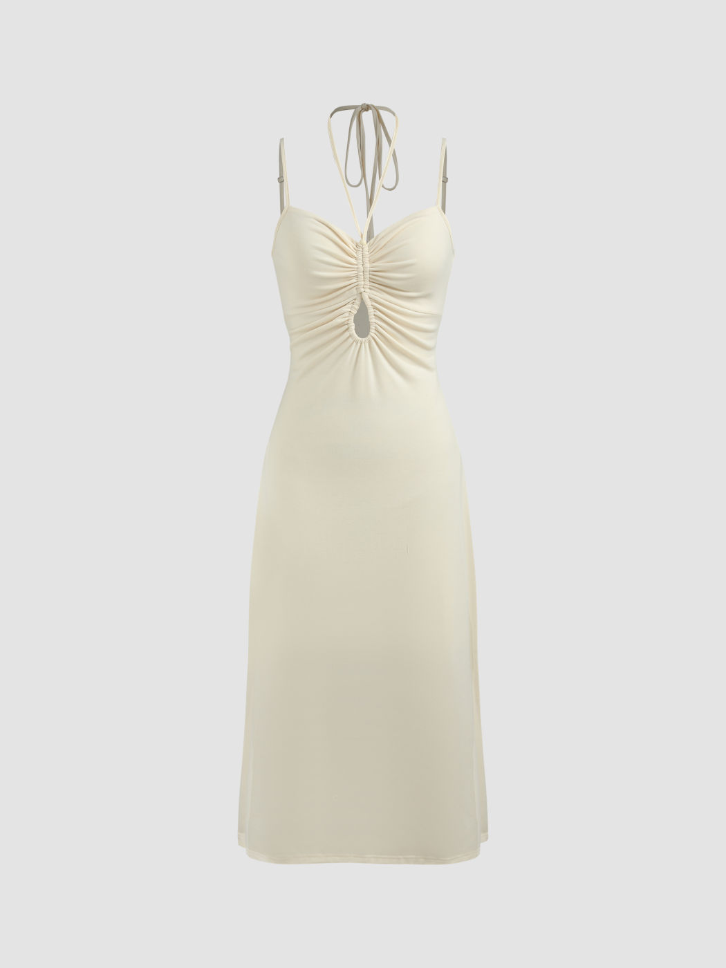 Neckholder-Midikleid aus Strick mit Rüschen und Kordelzug