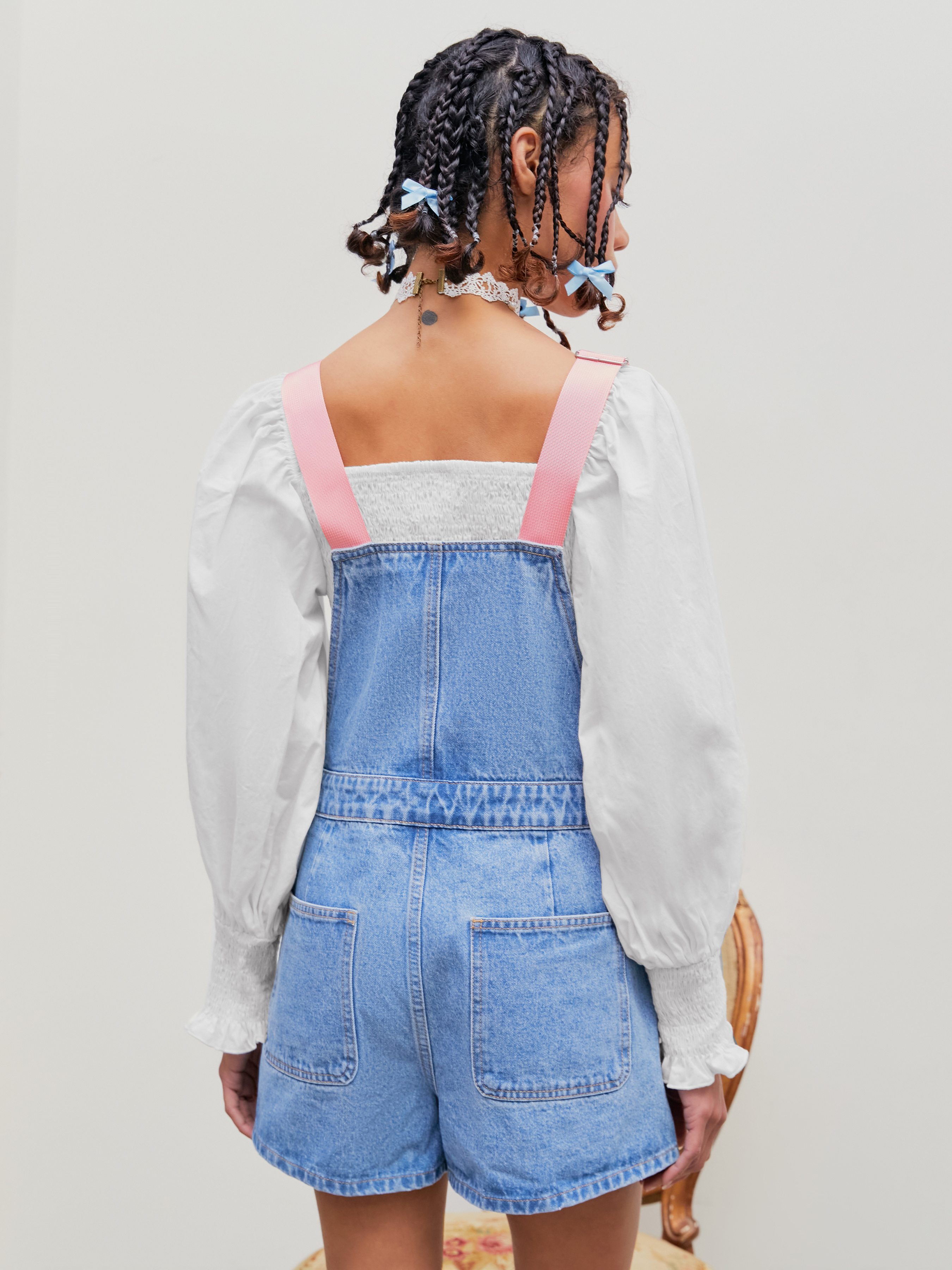 【Cider】オフショルダー ポケット デニム ロンパース Denim Denim Bunny Buckle Pocket Romper For Daily Casual School