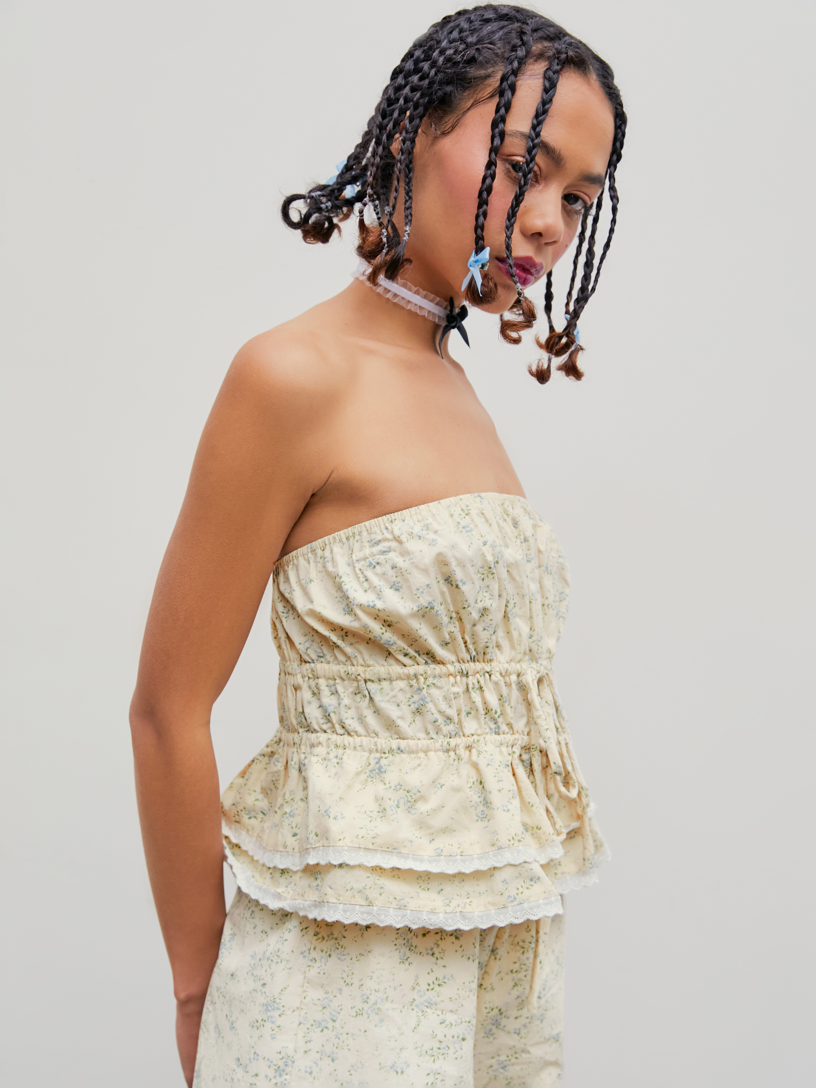 Floral Lace Hem Drawstring Tube Top For Daily Casual Vacation