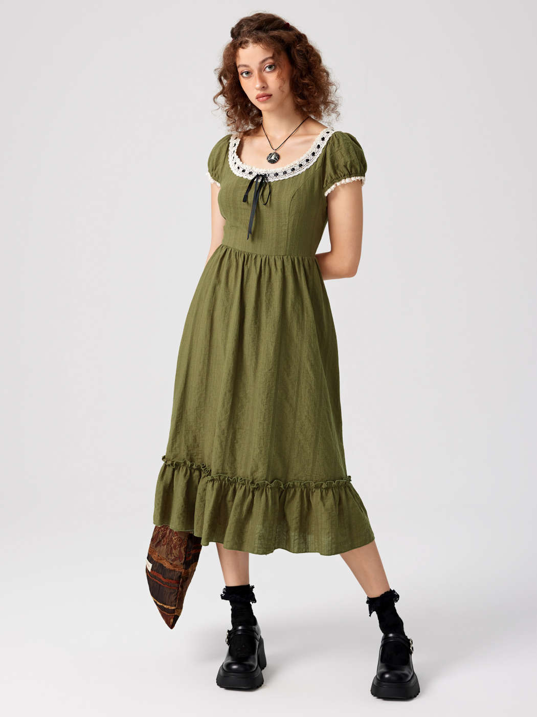 Jacquard Jacquard Lace Trim Knotted Ruffle Midi Dress For Daily