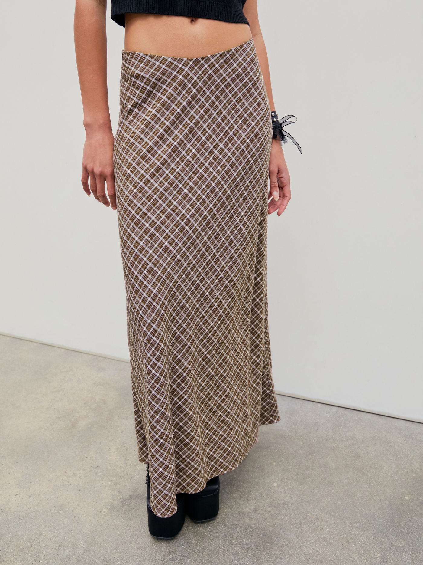 Check Ruffle Hem Maxi Skirt