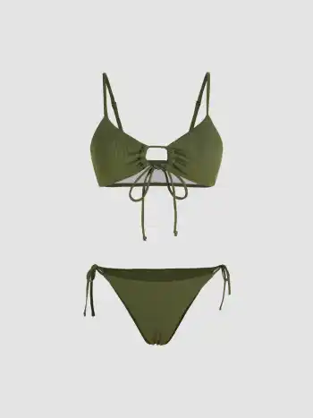 Solid O-Ring Front Tied Bikini Set