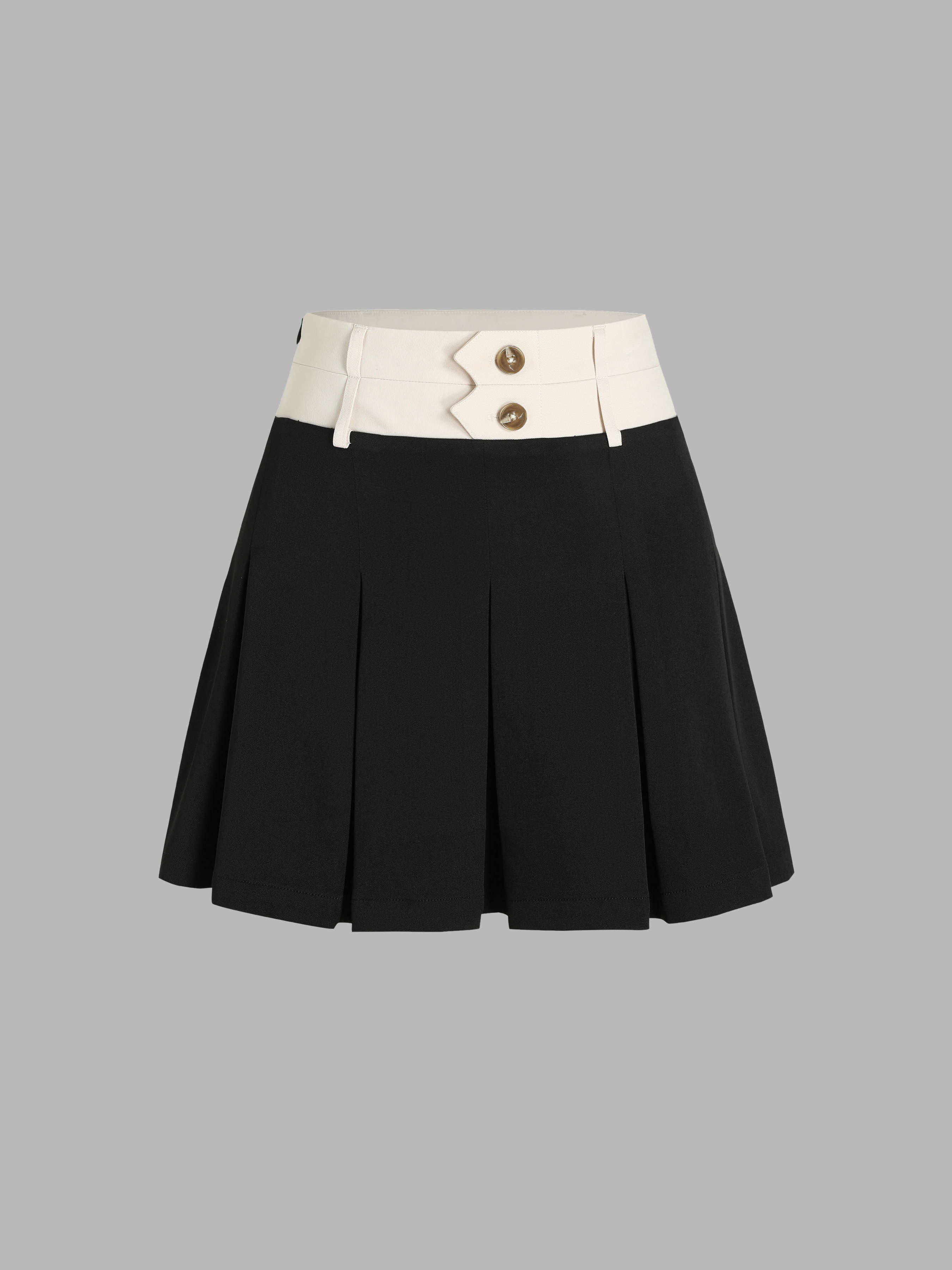 Woven Contrasting Trim High Waist Button Pleated Mini Skirt For School ...