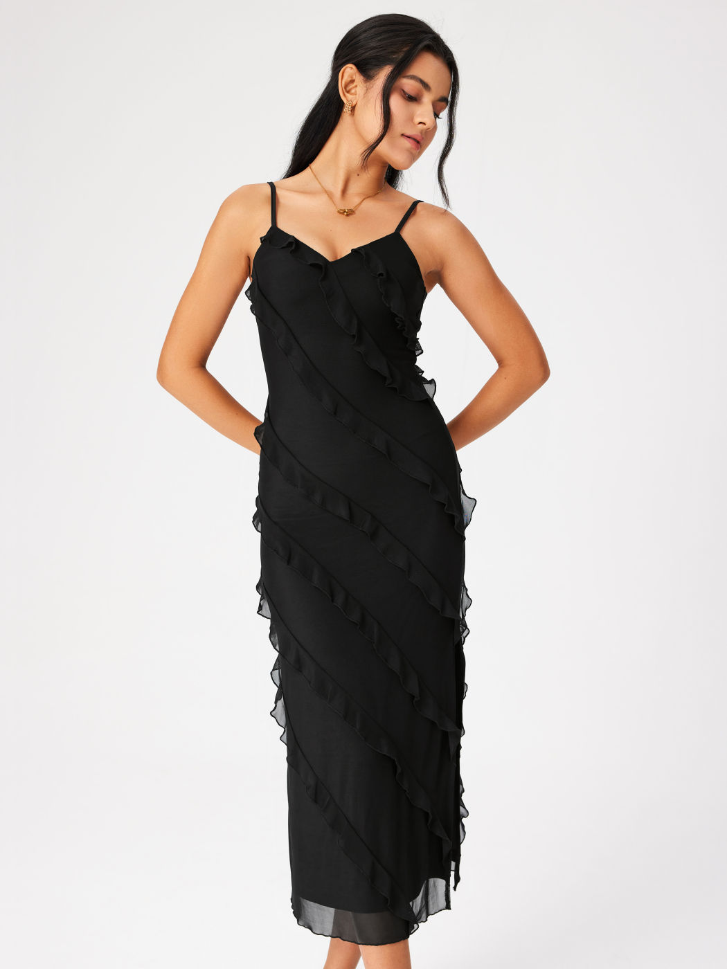 Mesh V-neck Ruffle Hem Maxi Dress