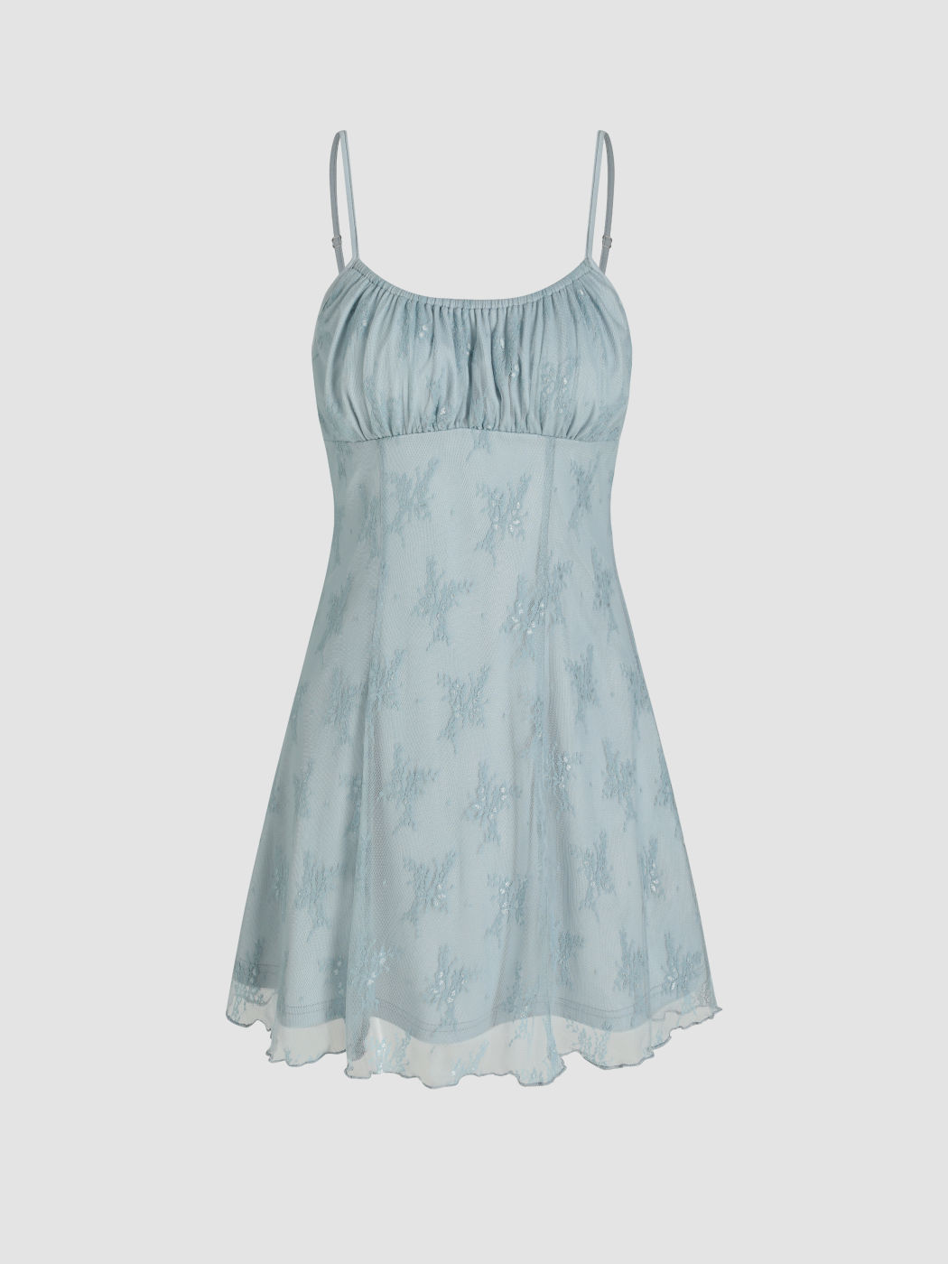  Spitzenblumen Rüschen Saum Minikleid