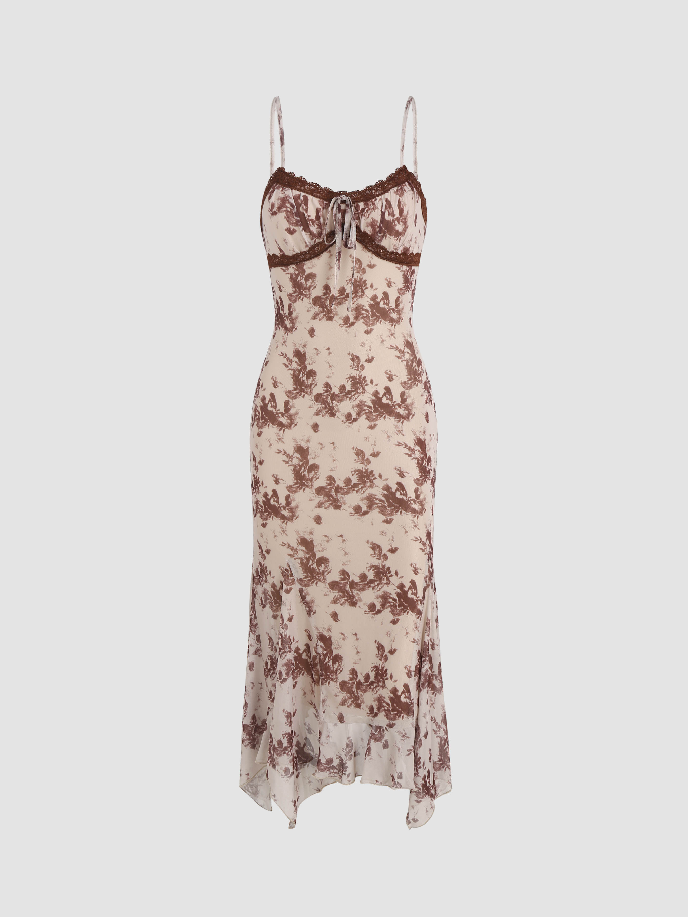 Mesh Floral Lace Trim Knotted Maxi Dress For Daily Casual