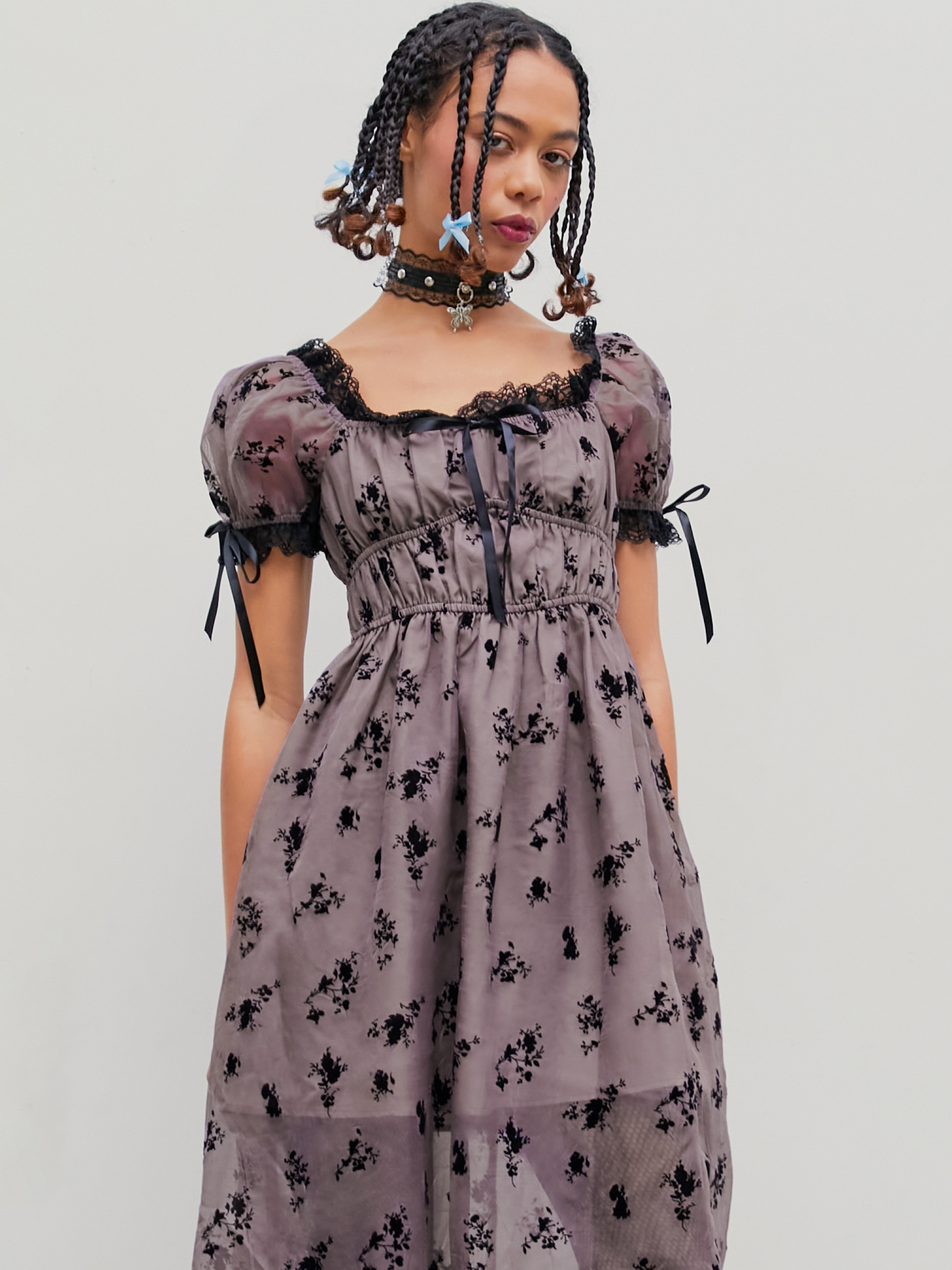 【as\"on】FLORA LACE PUFF DRESS Peach Floral Square Neck Short Puff Sleeve Lace-Up Back