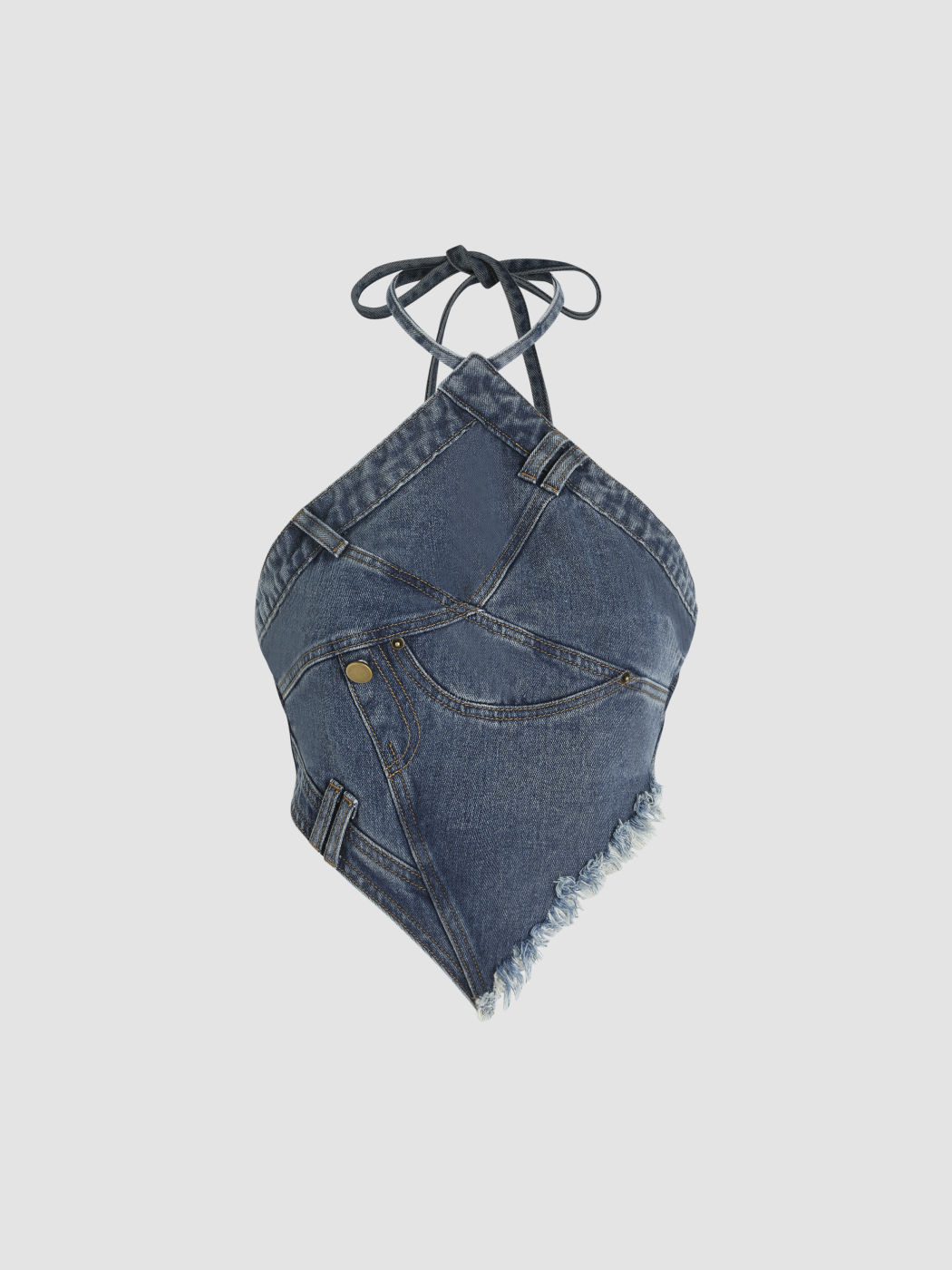 Denim Fringe Zipper Up Halter Crop Top