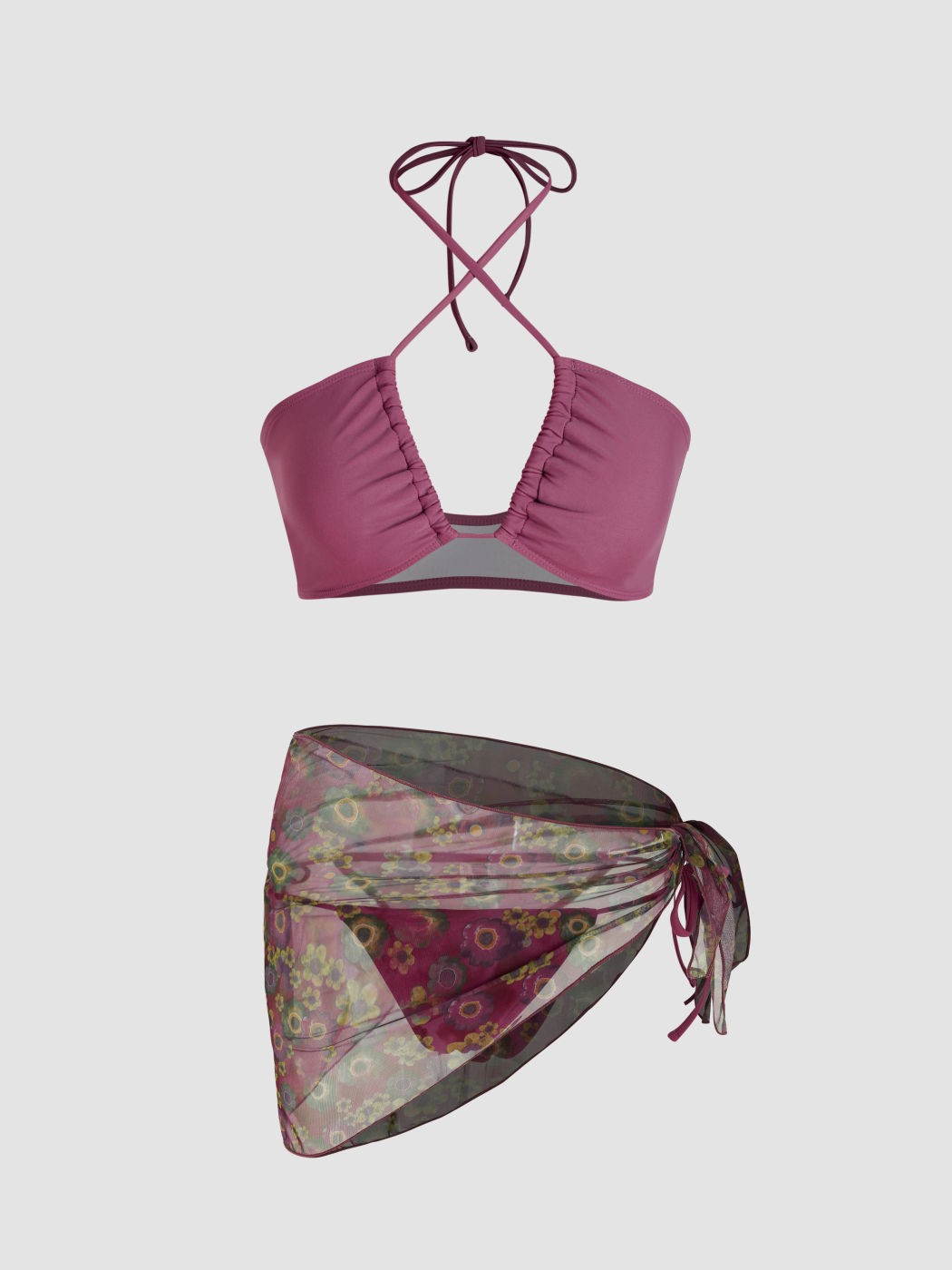 Cut Out Halter Bikini With Floral Sarong