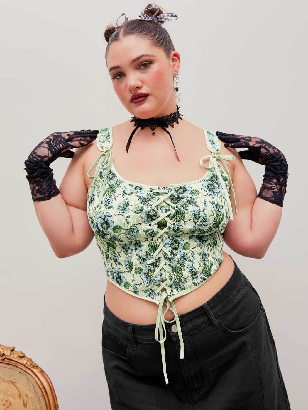 Floral Lace Up Corset Top Curve & Plus For Date Vacation