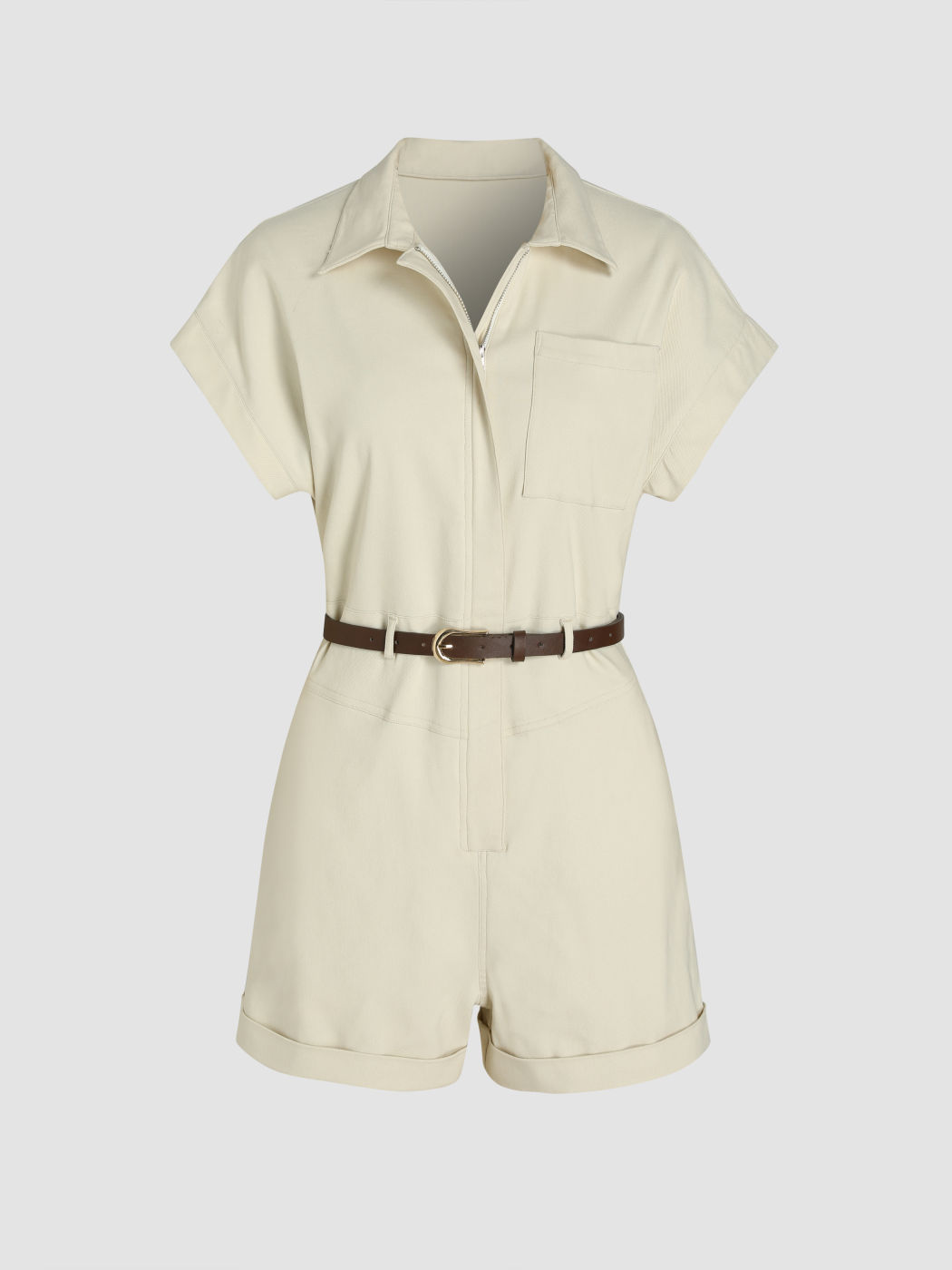 Collar Belted Zipper Short Sleeve Romper For Daily Casual