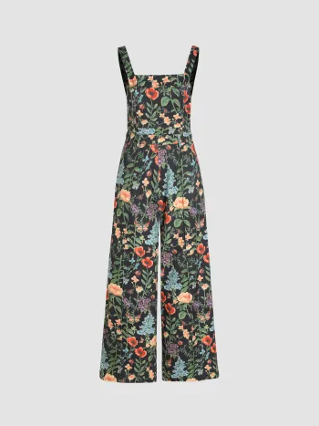 Lightweight Corduroy Floral Button Wide Leg Jumpsuit