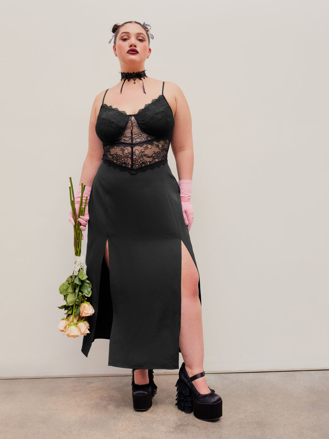Samanthas Spitzen Sweetheart Cami Schlitz Maxikleid Kurve & Plus