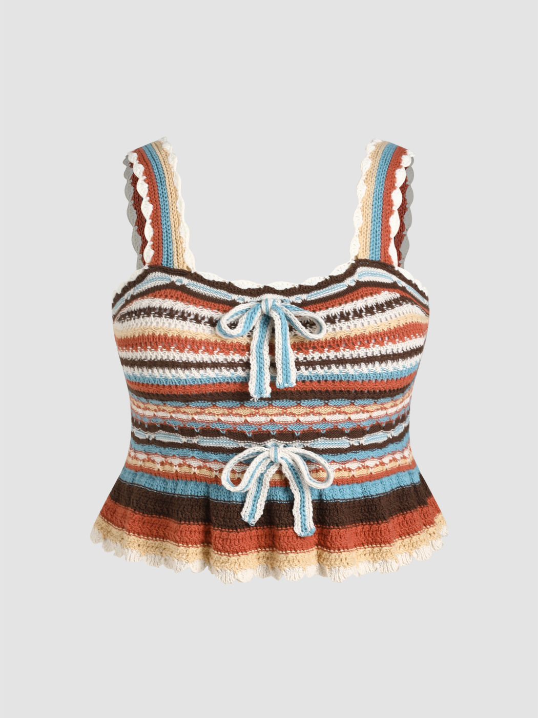 Gestricktes Crop-Top mit geknotetem Salatbesatz und Streifen Kurve & Plus