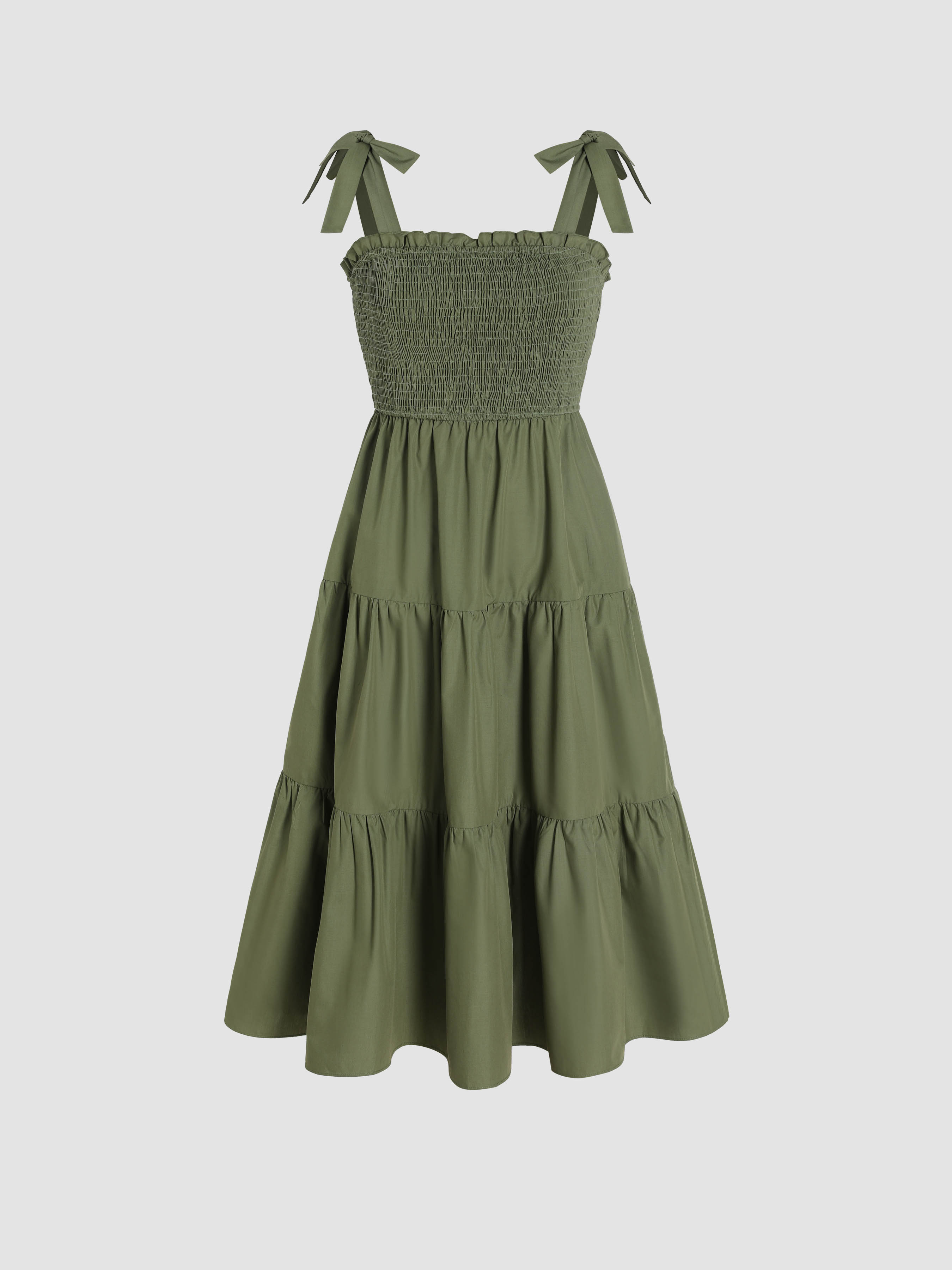 Coquette Woven Shirred Knotted Square Neck Ruffle Midi Dress For Daily Casual Vacation