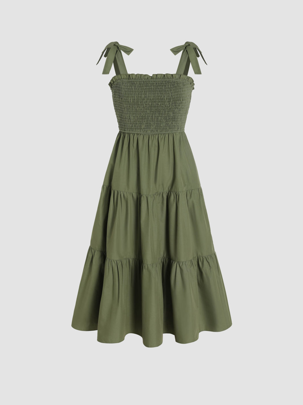 Gerafftes, geknotetes Midikleid mit Rüschen und eckigem Ausschnitt
