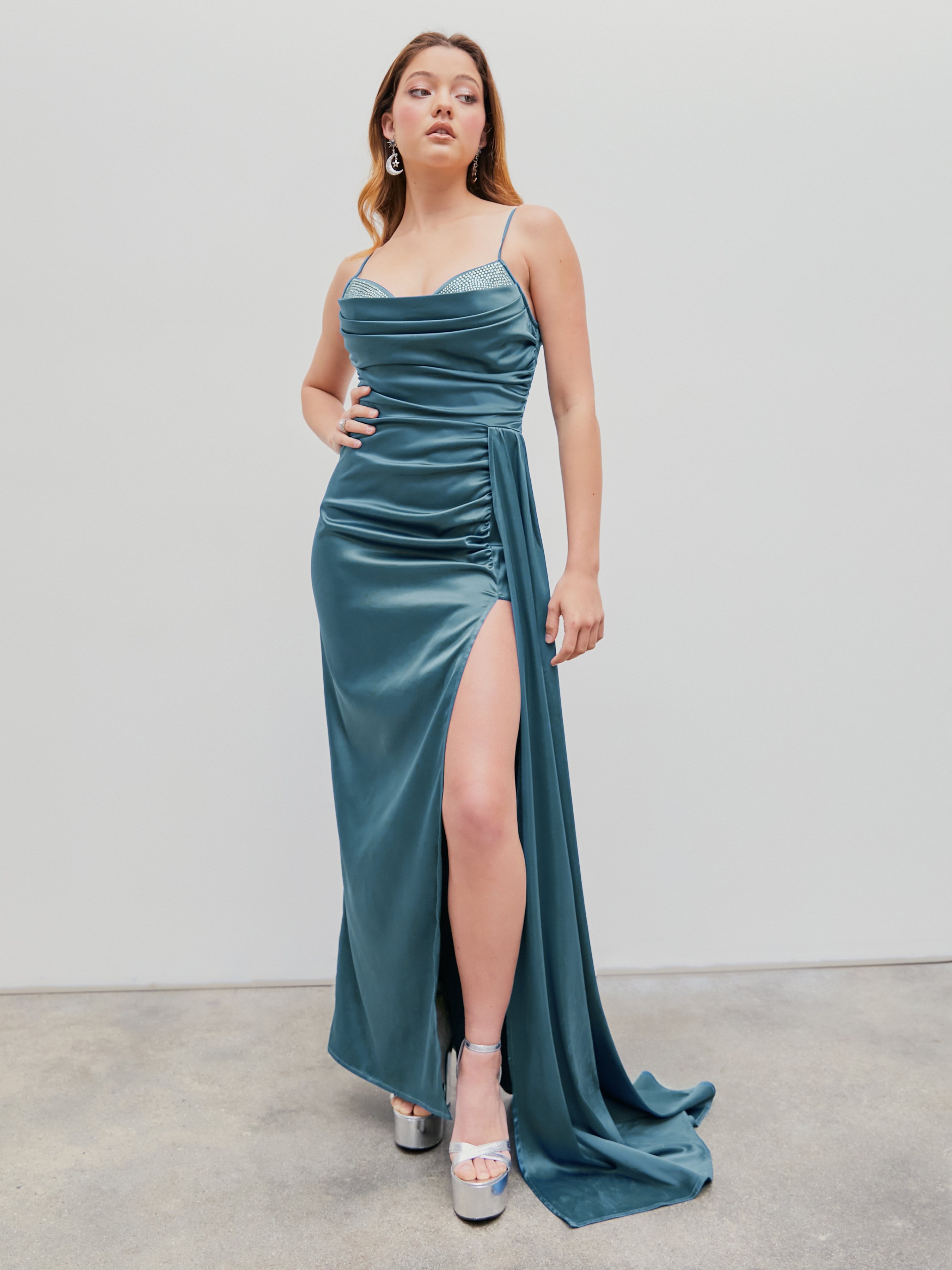 Satin Solid Cowl Neck Ruched Slit Maxi Dress For Party/Clubbing