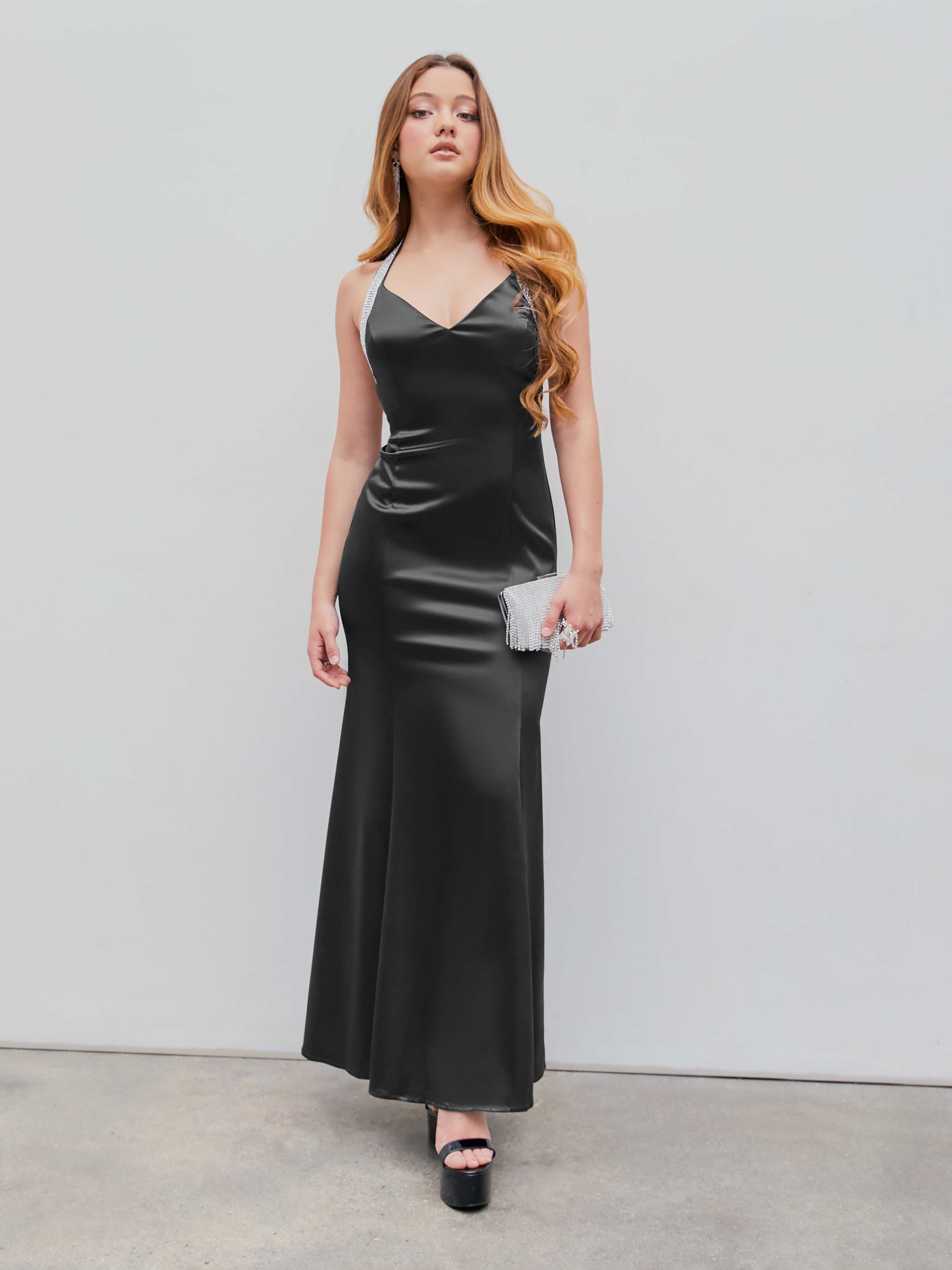 Silk Solid Halter Rhinestone Maxi Dress For Partyclubbing 4575