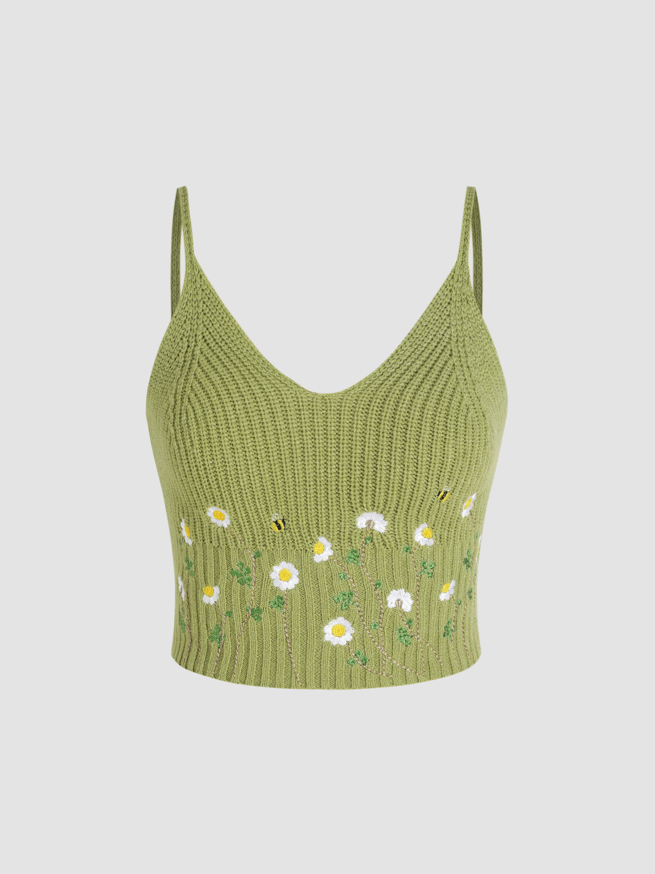 Knit Fabric Knit Floral Scoop Neckline Crop Tank Top For