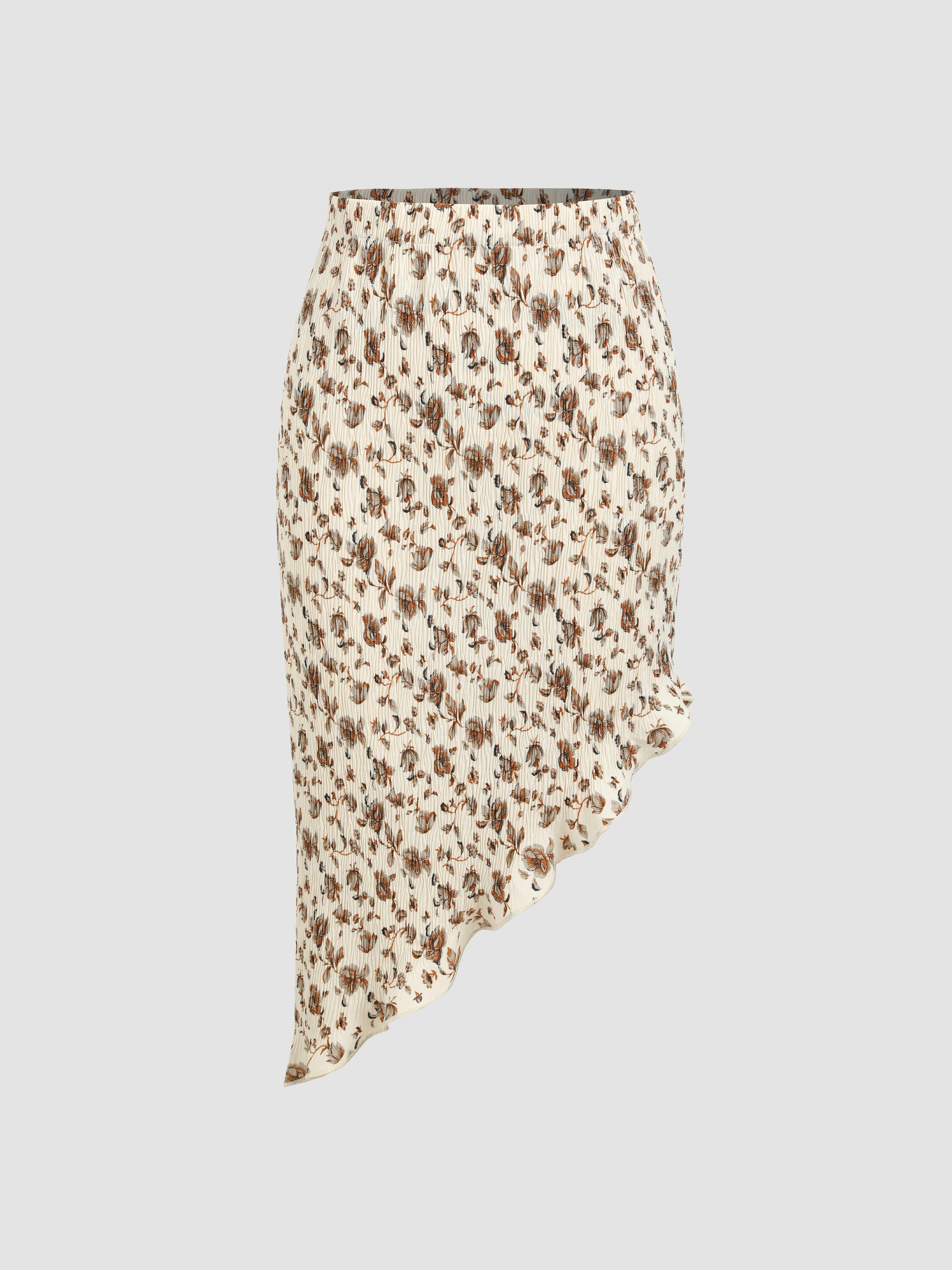 Woven Floral Shirred Lettuce Trim Maxi Skirt For Daily Casual Vacation