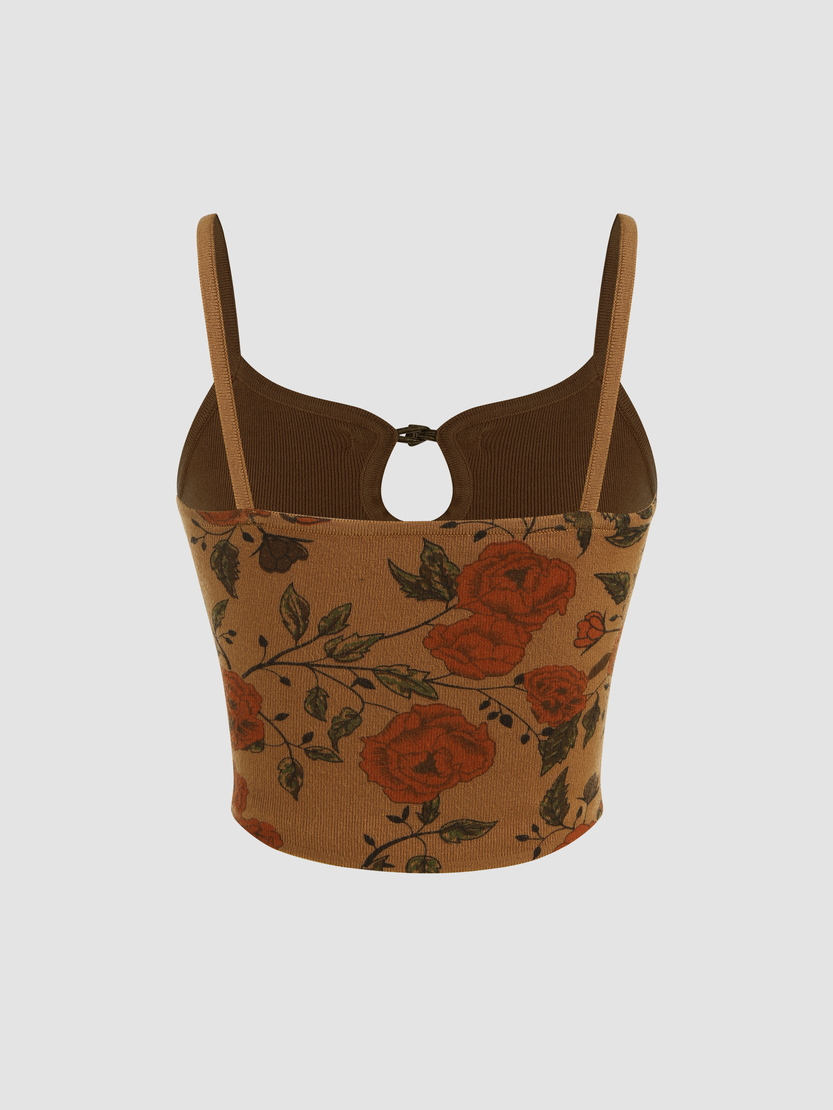 Knitted Floral U-neckline Crop Tank Top - Cider