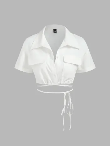  Kragenbindung Vorne Kurzarm Crop Bluse