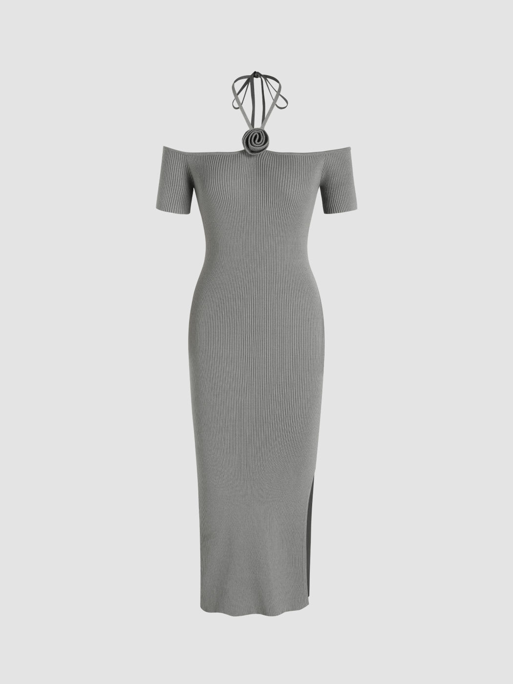 Schulterfreies Strick-Midikleid mit Rosette-Split