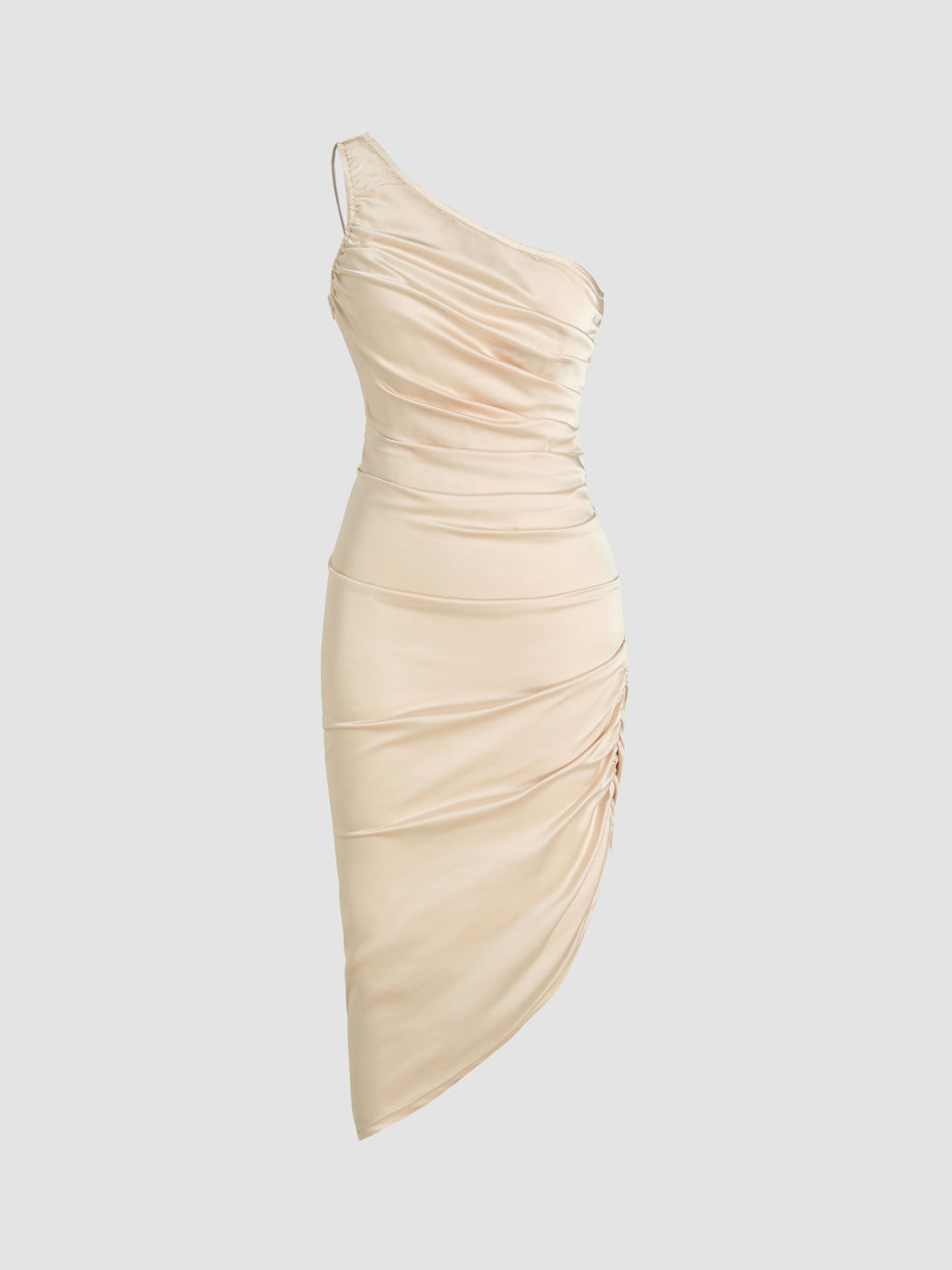 Solid Satin Asymmetrical Ruched Midi Dress