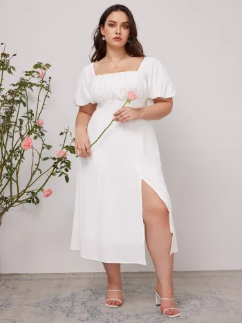 Puff Sleeve Square Neck Midi Dress Curve & Plus