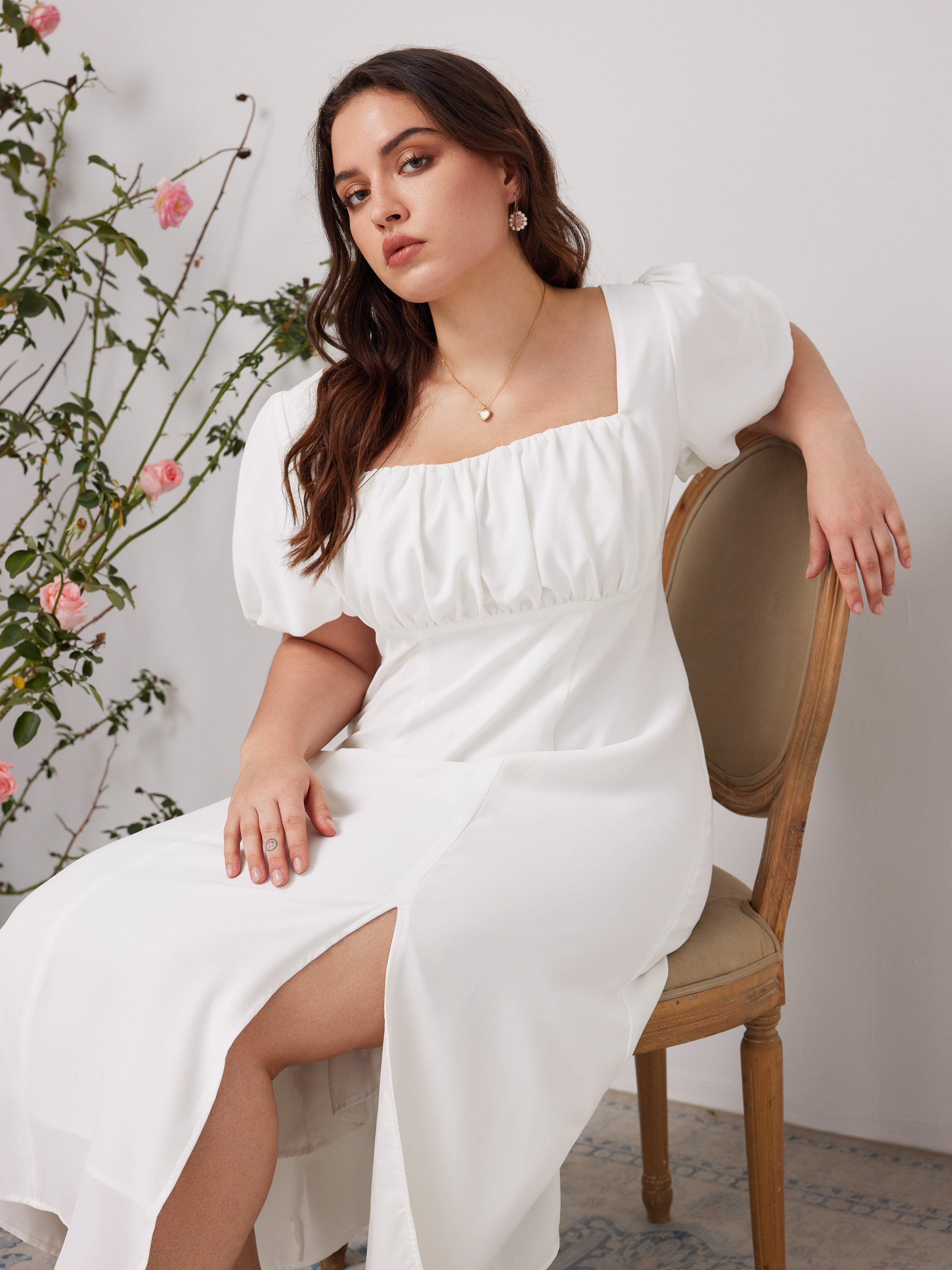 Woven Puff Sleeve Square Neck Midi Dress Curve & Plus For Daily Casual Date