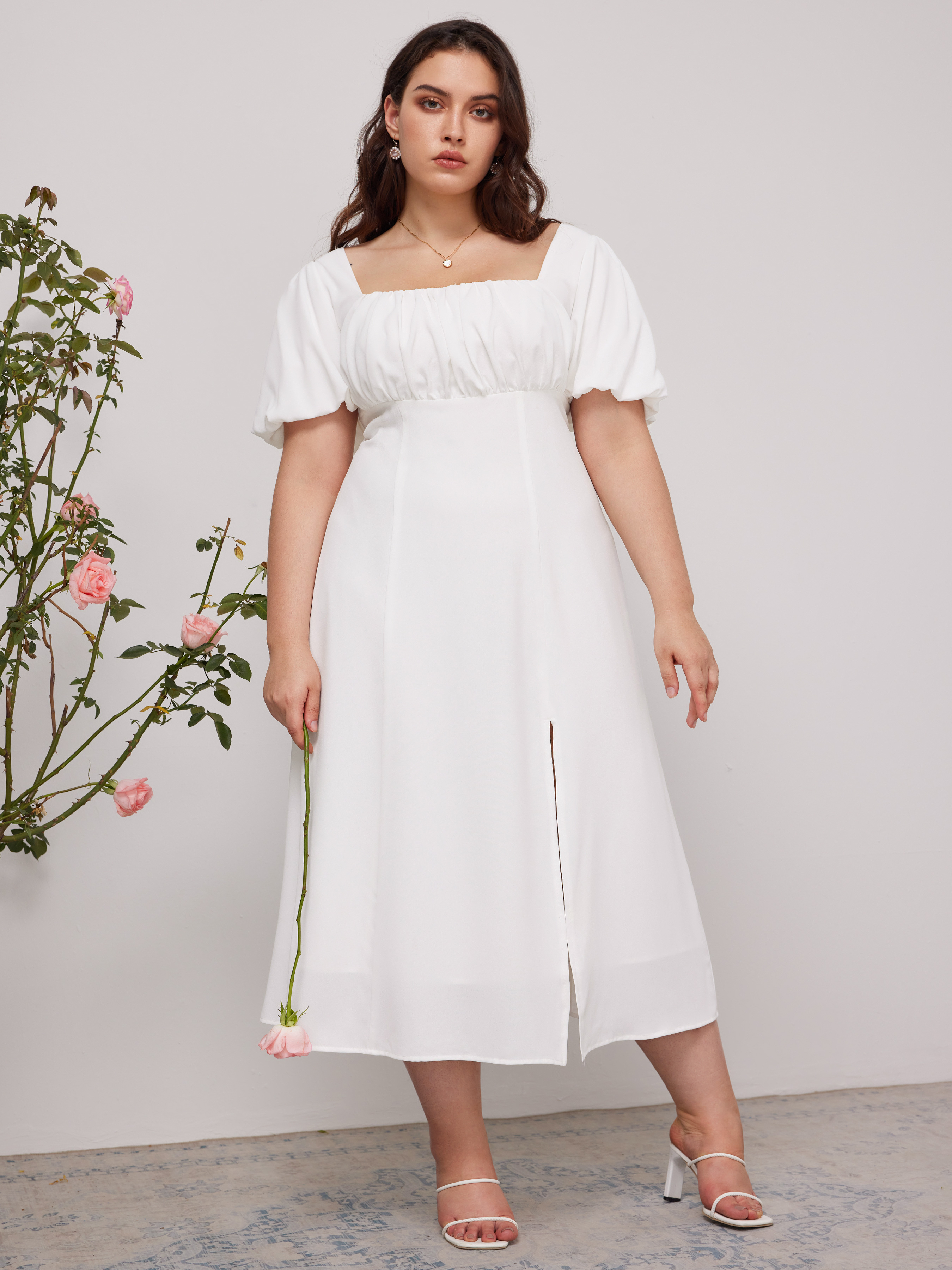 Woven Puff Sleeve Square Neck Midi Dress Curve & Plus For Daily Casual Date