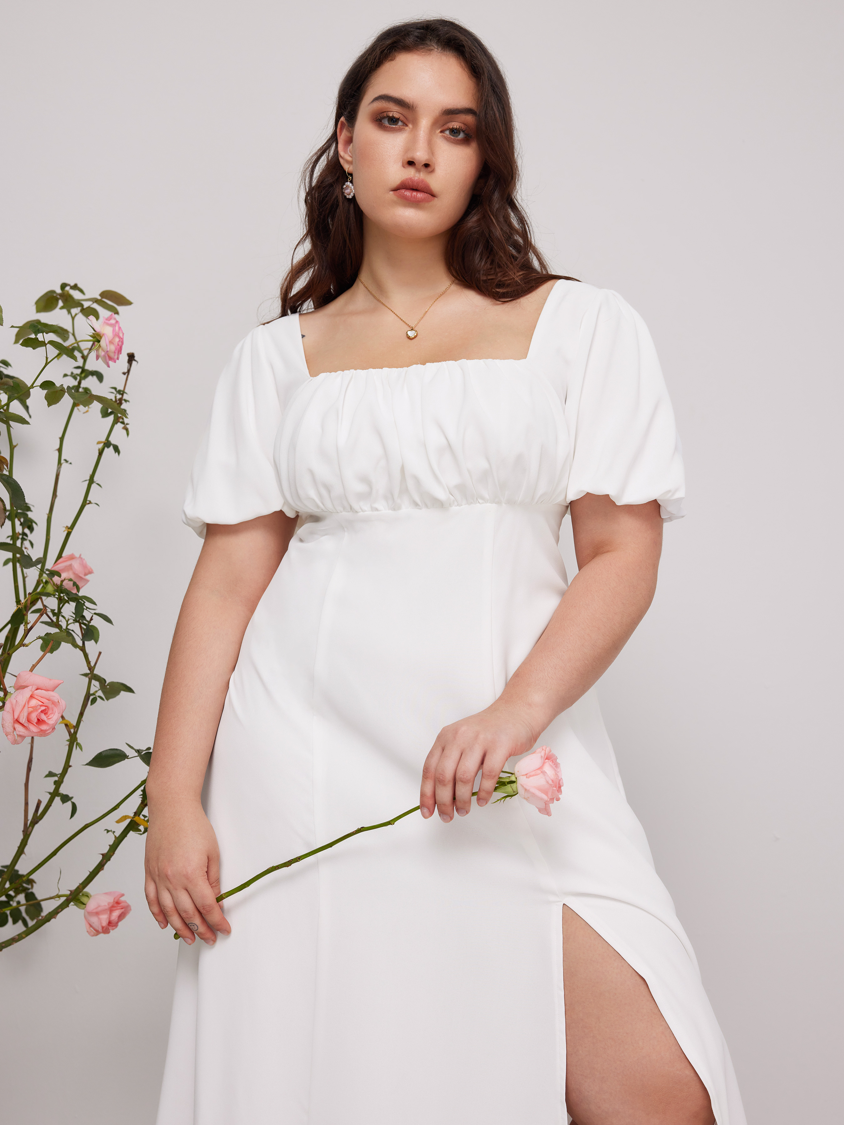 Woven Puff Sleeve Square Neck Midi Dress Curve & Plus For Daily Casual Date