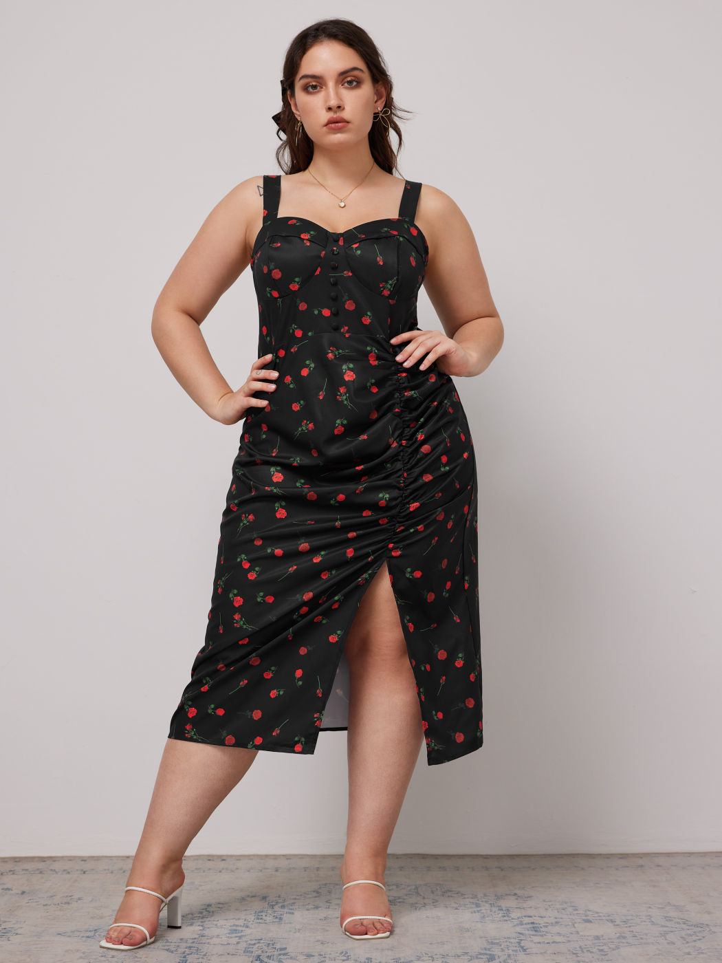 Rose Ruched Split Midi Dress Curve & Plus