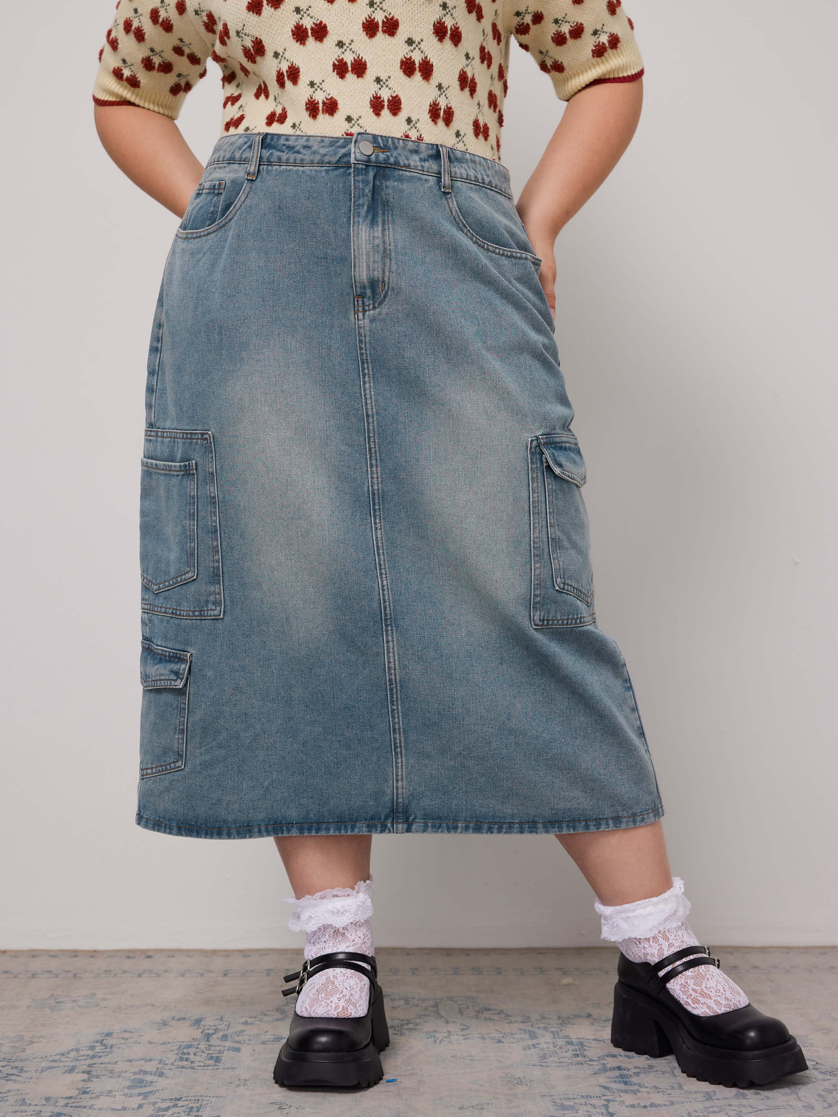 Jean Skirt Denim Washed Cargo Denim Midi Skirt Curve & Plus Jean Skirt Denim Washed Cargo Denim Midi Skirt Curve & Plus
