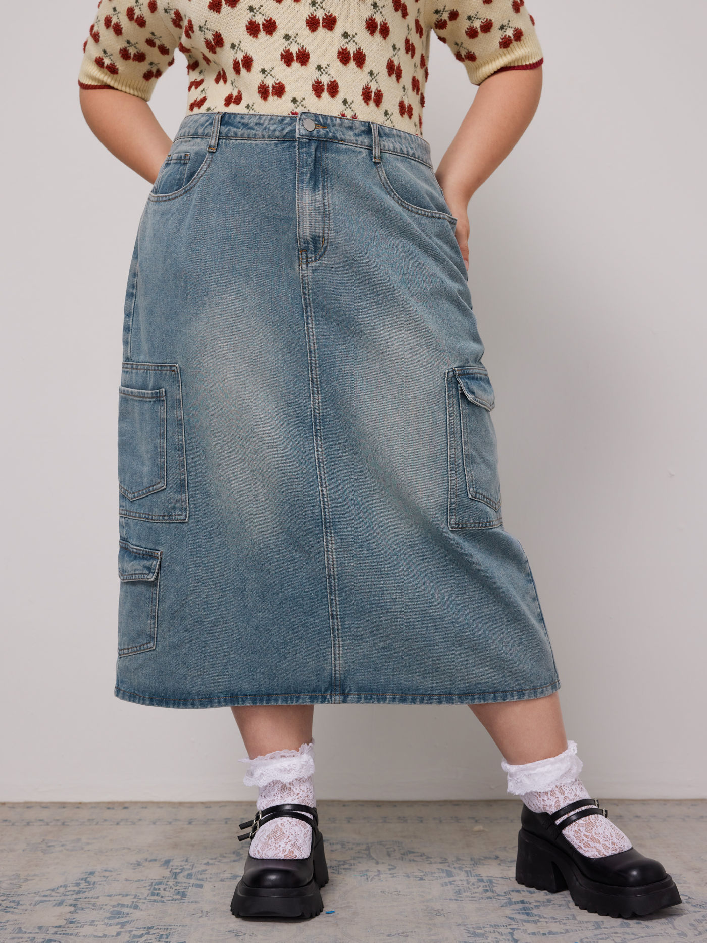 Midirock aus gewaschenem Cargo-Denim Kurve & Plus