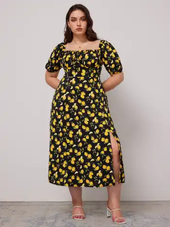 Fruit Square Neck Puff Sleeve Midi Dress Curve & Plus