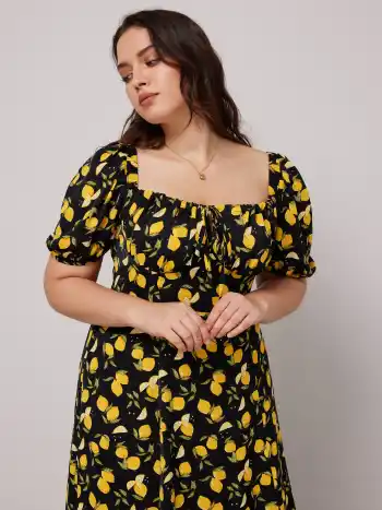 Fruchtmotivierte Midikleid mit quadratischem Hals und Ballonsärmeln Kurve & Plus