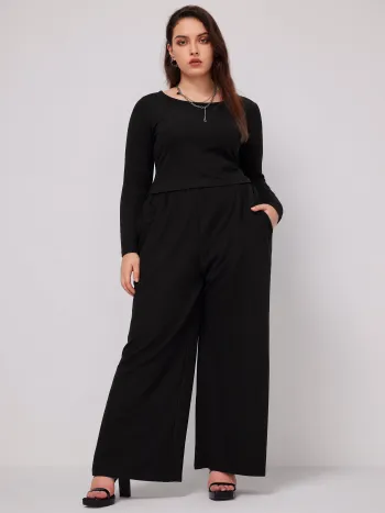 Pocket Knitted Crop Top & Wide Leg Trousers Set Curve & Plus