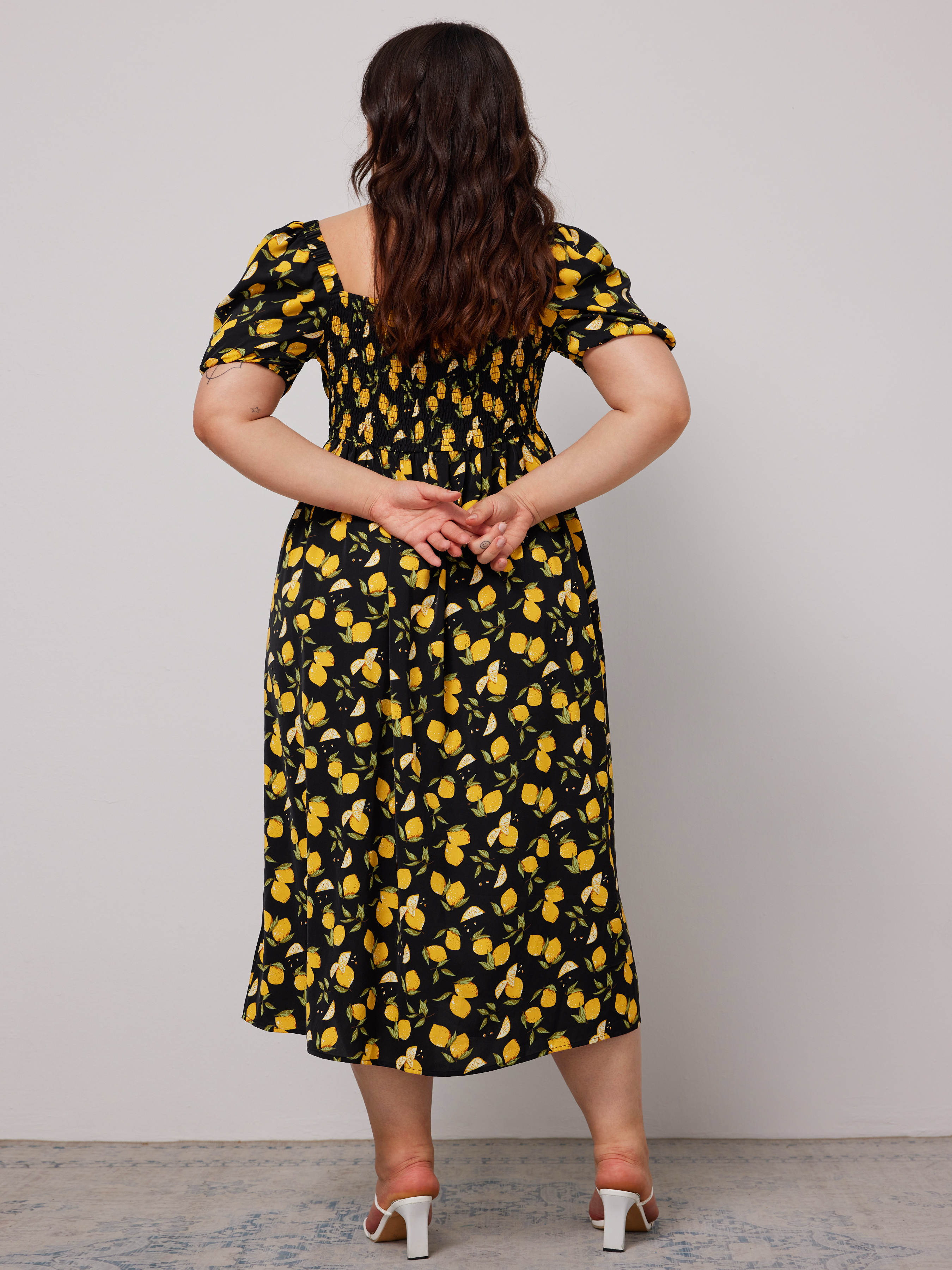 Fruit Square Neck Puff Sleeve Midi Dress Curve & Plus