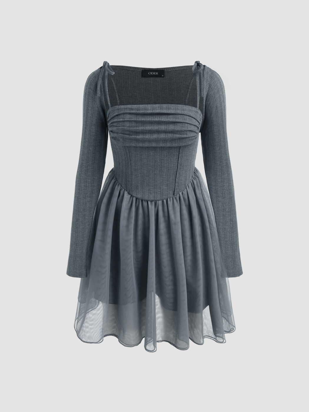 Long sleeve u neck ruched ruffle mini skirt set