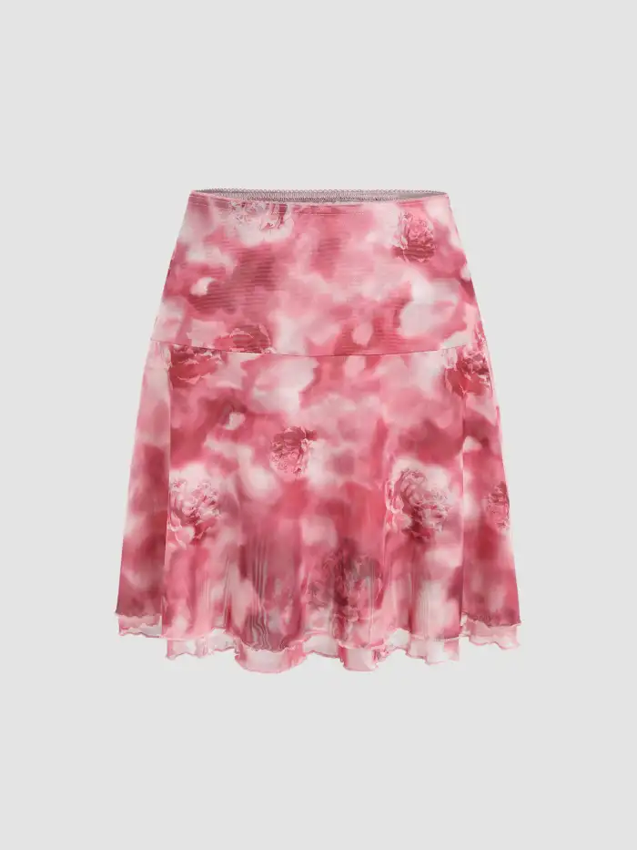 Mesh Mesh Floral Tie Dye Lettuce Trim Mini Skirt For Daily Casual Date