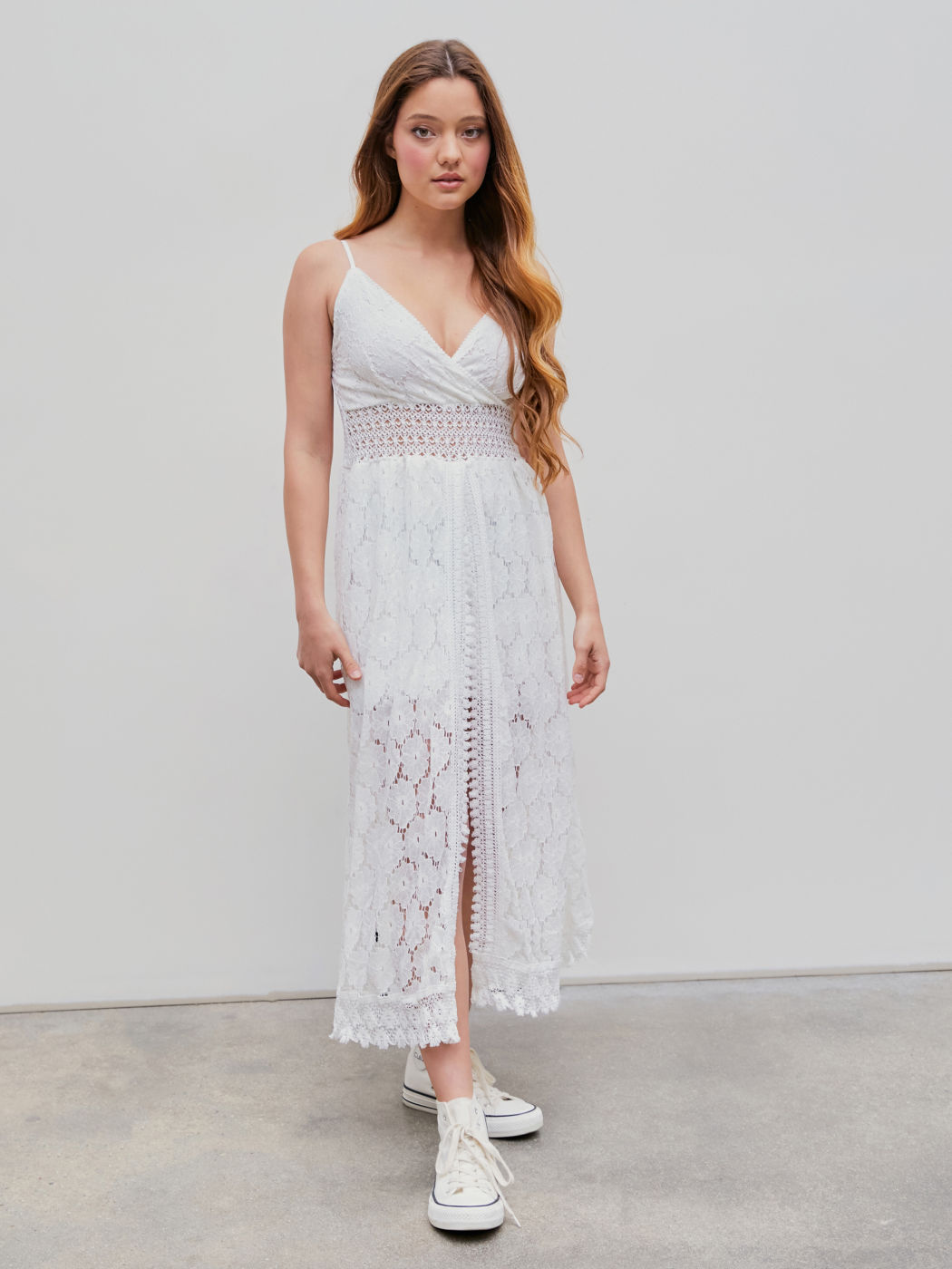 Lace Shirred V-Neck Slit Jumpsuit