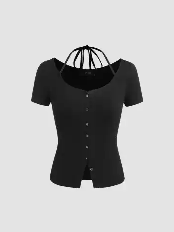 Halter Neck Button Short Sleeve Top