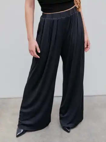 Solid Elastic Waist Wide Leg Pants