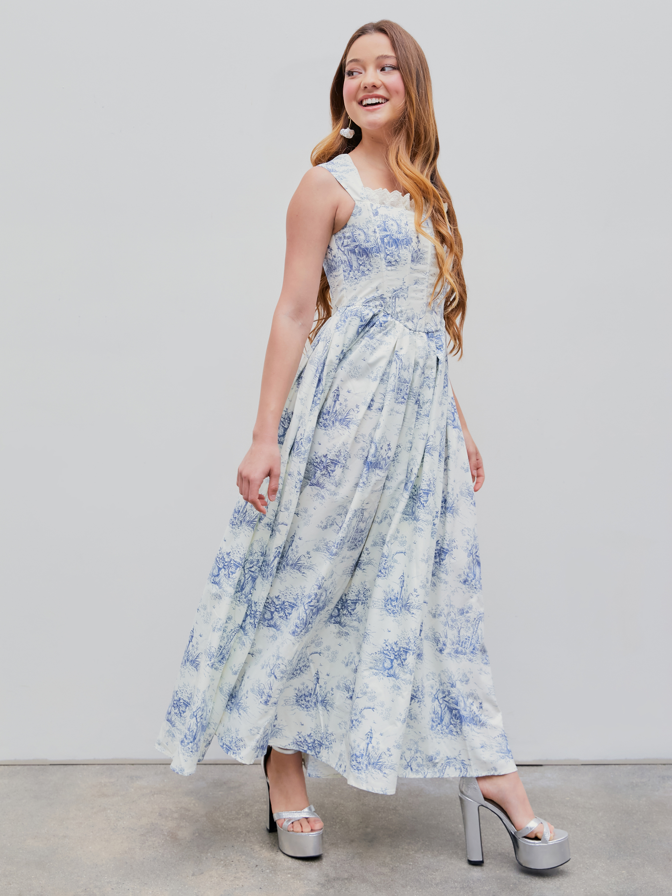 Toile De Jouy Ruffle Maxi Dress For Party/Clubbing