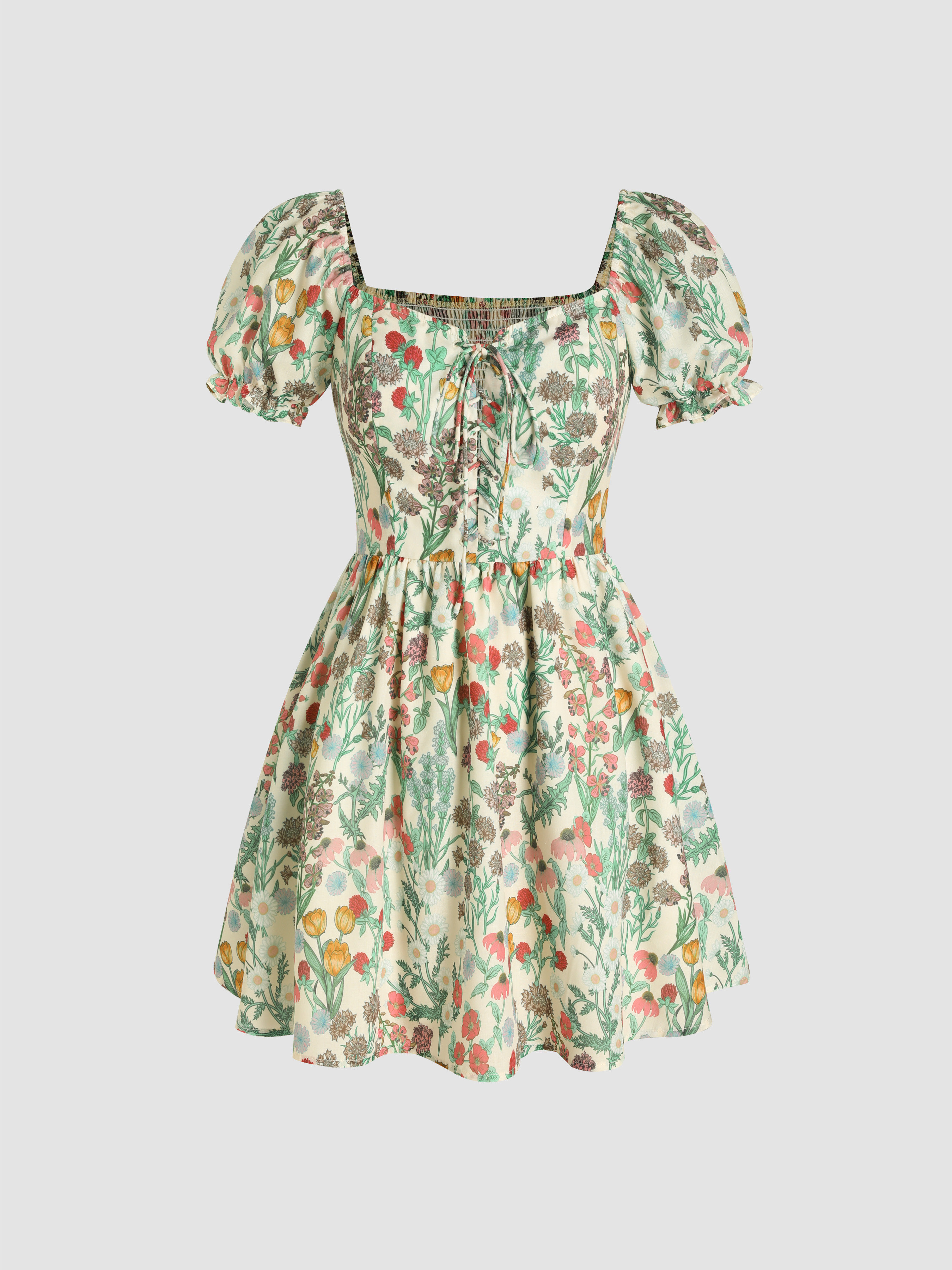 Floral Knotted Puff Sleeve Mini Dress