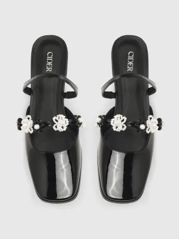 Mary-Jane-Flache Schuhe aus PU-Blumenimitat mit Kunstperlen und eckiger Zehenpartie