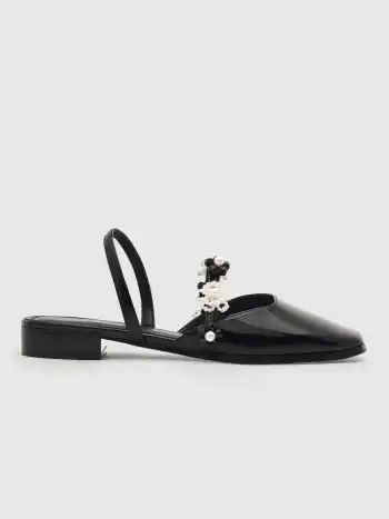 Mary-Jane-Flache Schuhe aus PU-Blumenimitat mit Kunstperlen und eckiger Zehenpartie