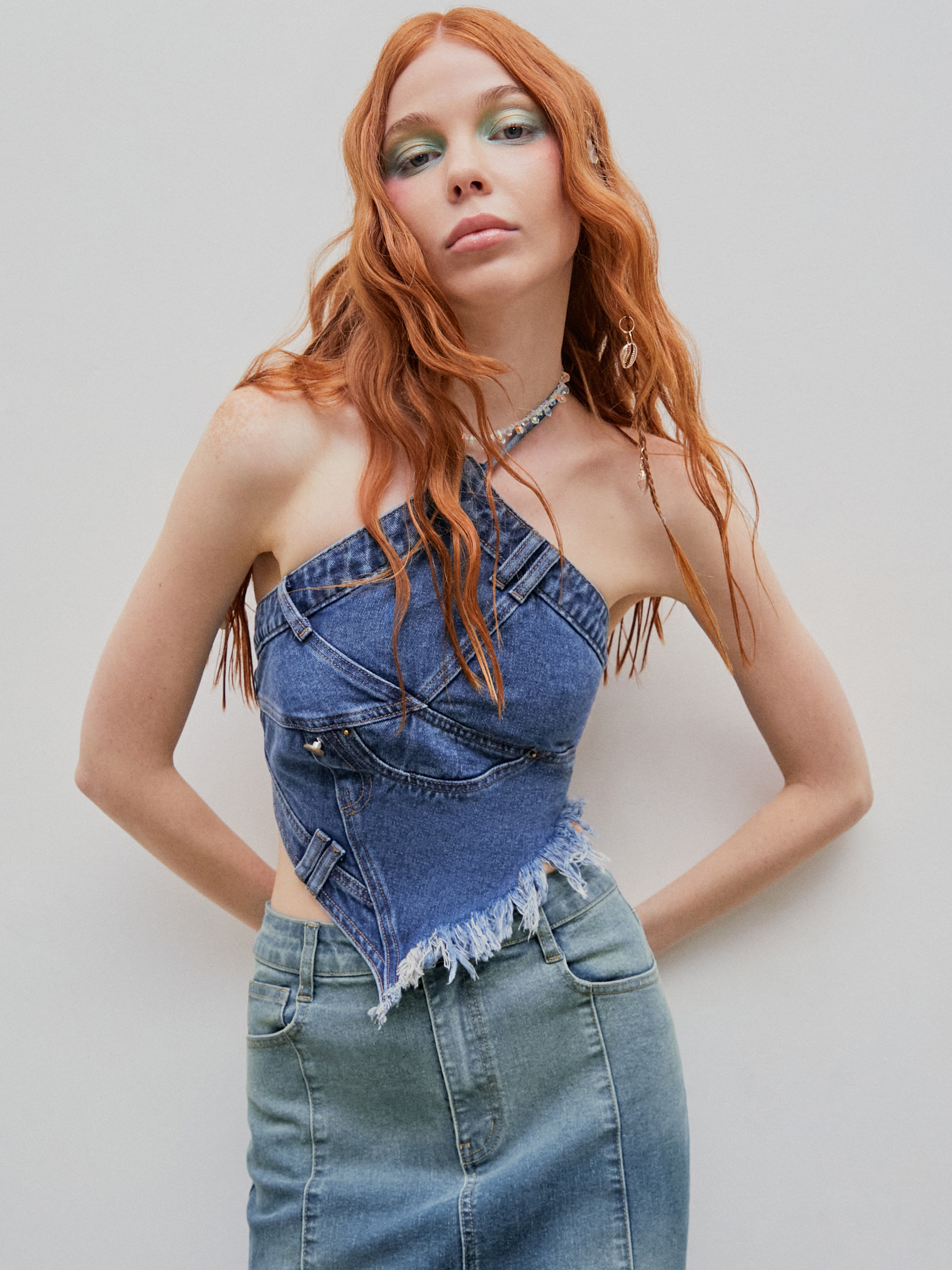 Cowgirl Outfits Denim Denim Fringe Zipper Up Halter Crop Top