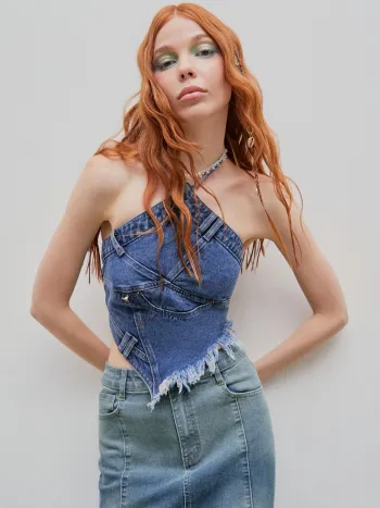  Jeans Fransen Reißverschluss Halter Crop Top